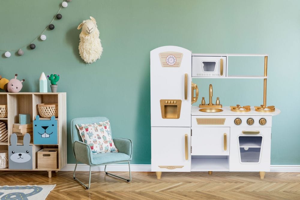 Meowbaby Large White and Gold Wooden Play Kitchen for Children