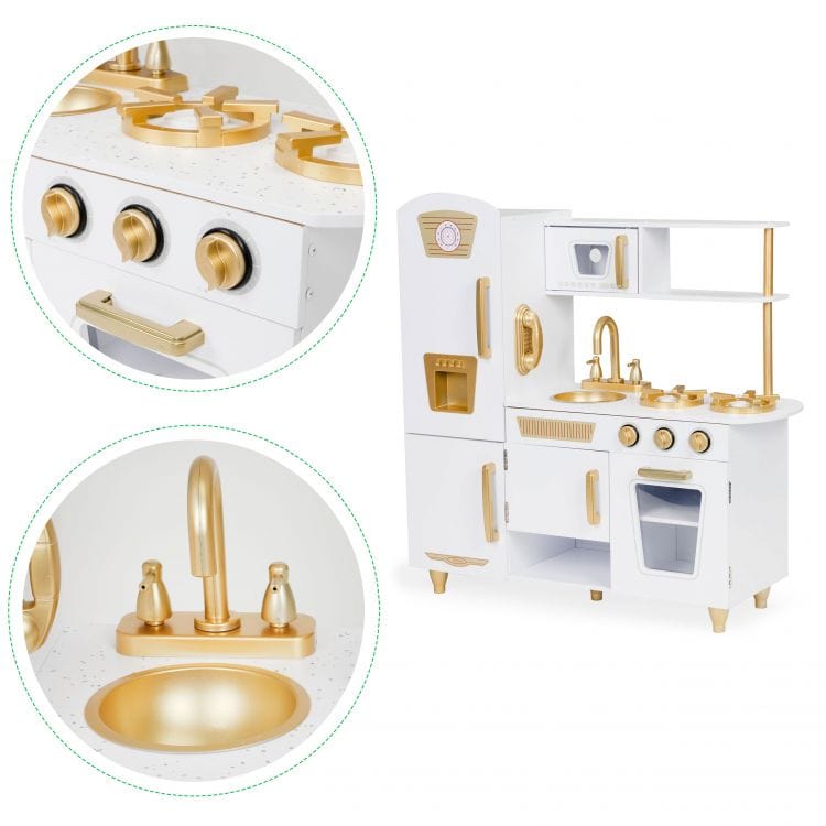 Meowbaby Large White and Gold Wooden Play Kitchen for Children